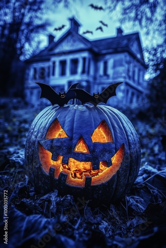 A glowing pumpkin lantern on a foggy Halloween night near an old haunted house