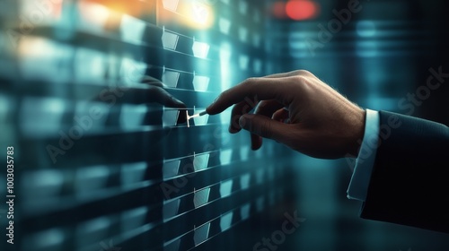 A business professional selecting digital messages amid a futuristic city bac...