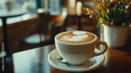 A steaming cup of coffee on a rustic wooden table in a vintage cafe setting