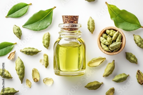 spa concept banner design with green cardamom pods and aromatic oil bottle on a white background for relaxation photo