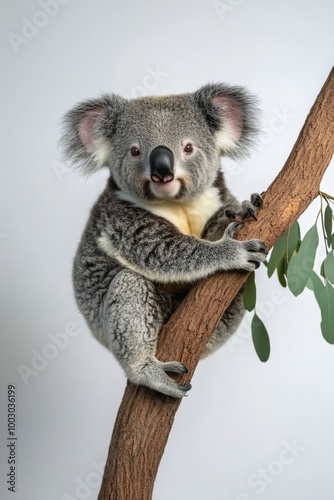 In a bright studio setting, a charming koala stands on its hind legs, playful...