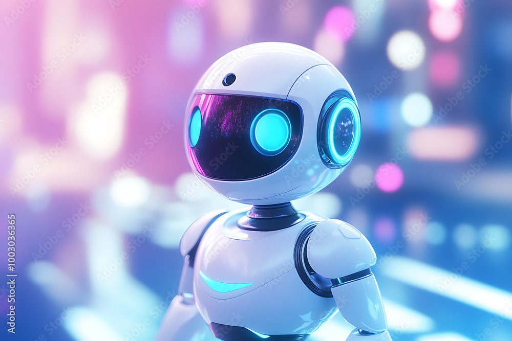 A futuristic robot with glowing features in a vibrant, colorful environment. A futuristic robot with glowing features in a vibrant, colorful environment.