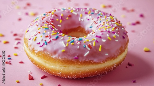 Delicious pink frosted doughnut with colorful sprinkles on a pastel pink back...