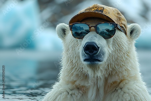 Stylish polar bear relaxing in sunglasses and hat amid arctic landscape photo