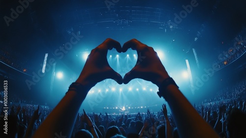 Fans creating a heart shape with hands at a lively concert in a packed arena
