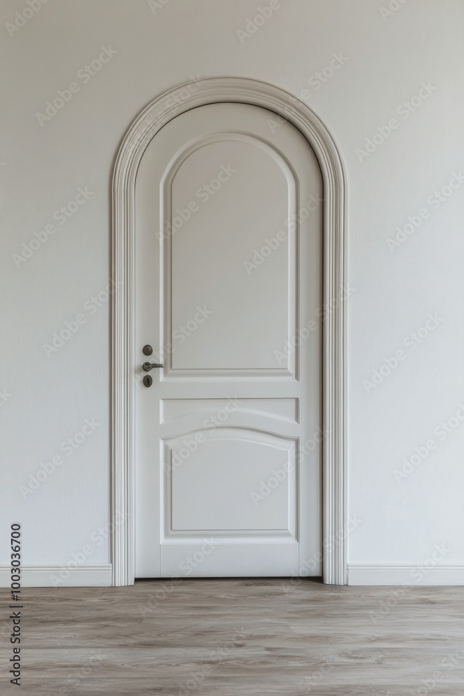 A simple white door framed by classic molding in a minimalistic room with wooden flooring A simple white door framed by classic molding in a minimalistic room with wooden flooring