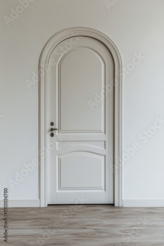 A simple white door framed by classic molding in a minimalistic room with woo...