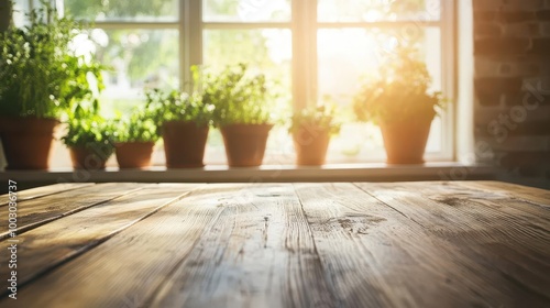 rustic wooden table in sundrenched kitchen soft focus background with potted herbs on windowsill warm inviting atmosphere with natural textures