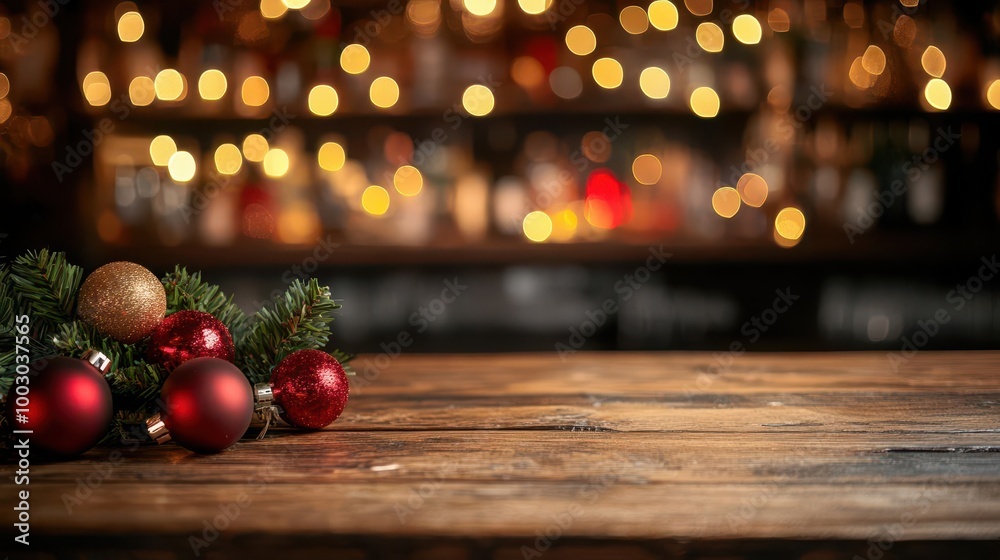 Naklejka premium rustic wooden table with christmas decorations in foreground blurred bar or restaurant interior with golden bokeh lights in background