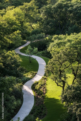 Serene winding path through lush greenery in a tranquil forest setting during...
