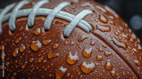 A close-up of a wet football showcasing water droplets on its surface during ...