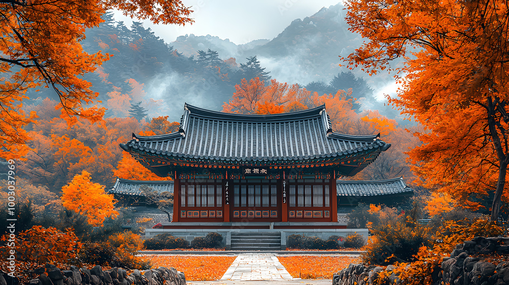 Obraz premium A stunning autumn scene featuring a traditional house surrounded by vibrant orange foliage and misty mountains in the background.