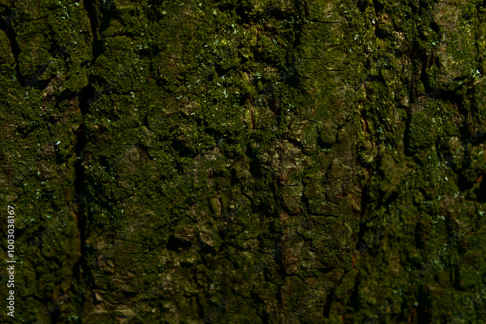 Close-up of oak tree bark background with large grooves of dark green shade Close-up of oak tree bark background with large grooves of dark green shade
