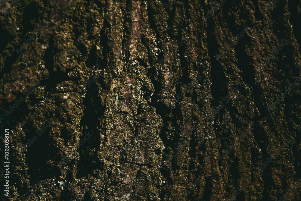 Obraz premium Close-up of aspen tree bark with large grooves of dark brown shade in grunge style blurred edge and center focus