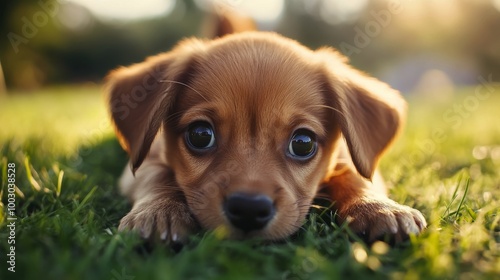 A playful puppy resting on green grass during a sunny afternoon in a park
