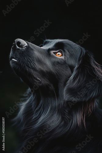 A close-up of a black dog gazing upwards with striking golden eyes against a ...