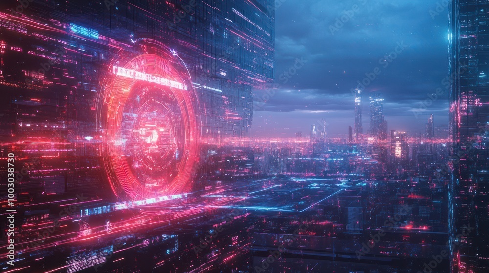 Fototapeta premium Digital Transformation of Contracts into Futuristic Cyber Landscape - Digital Information Technology Background for Business and Legal Innovations