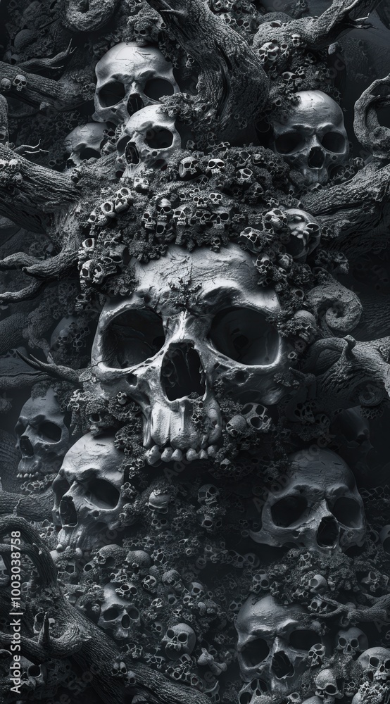 A haunting arrangement of skulls shrouded in dark textures, evoking themes of death, decay, and the macabre.