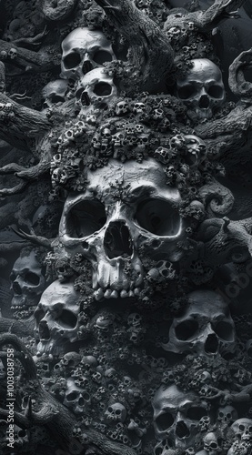 Obraz na płótnie A haunting arrangement of skulls shrouded in dark textures, evoking themes of death, decay, and the macabre. w salonie