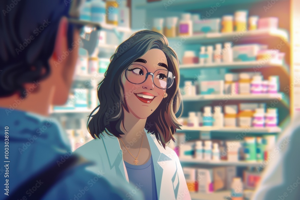 A friendly pharmacist assisting a customer in a vibrant pharmacy filled with colorful medication bottles.