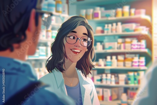 Obraz na płótnie A friendly pharmacist assisting a customer in a vibrant pharmacy filled with colorful medication bottles. w salonie