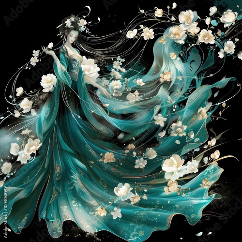 Obraz na płótnie An ethereal depiction of a flowing gown adorned with flowers, merging elegance and nature against a dark backdrop. w salonie