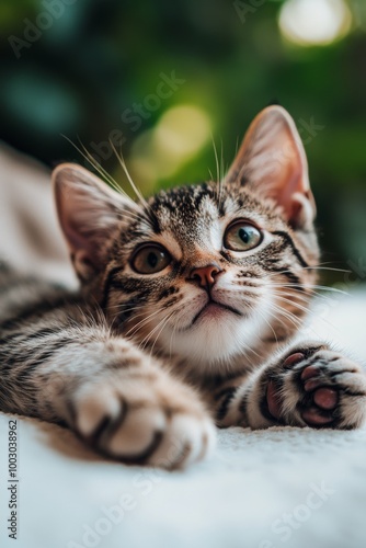 Cute tabby kitten resting on a soft surface in a cozy indoor setting during d...