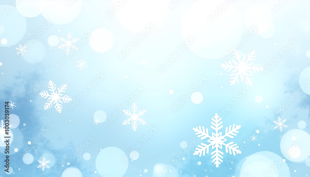 Delicate snowflakes and bokeh lights on soft blue background representing winter magic with copy space Delicate snowflakes and bokeh lights on soft blue background representing winter magic with copy space