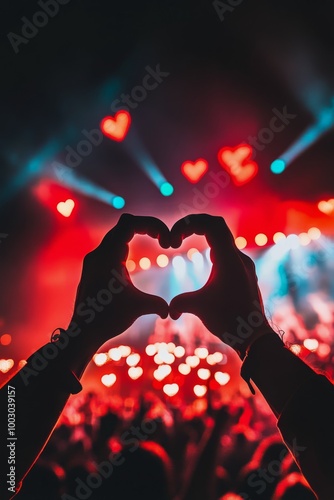 Hands forming a heart shape against a vibrant concert backdrop filled with co...