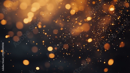 Sparkling golden particles floating through the air during a festive evening ...