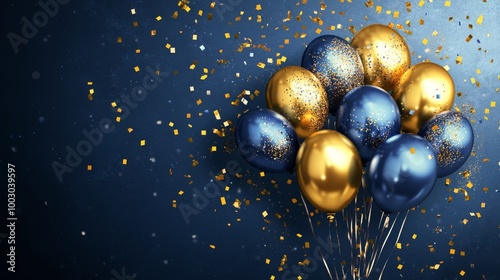 Colorful party balloons with confetti on a blue background celebrating a spec...
