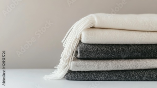 Cozy wool blankets stacked neatly in a minimalist setting for a warm and invi...