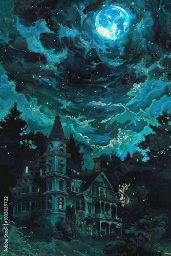 A mysterious, dark scene featuring a haunted mansion under a starry night sky illuminated by a bright moon.