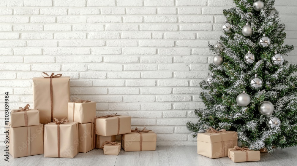 Cozy living room with a Christmas tree and beautifully wrapped gifts during the holiday season Cozy living room with a Christmas tree and beautifully wrapped gifts during the holiday season