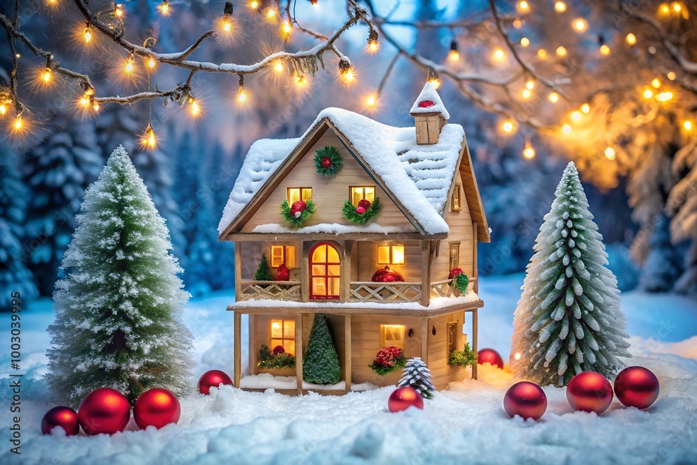 A cozy dollhouse surrounded by snow-covered trees and illuminated by Christmas lights in a winter forest. A magical holiday scene perfect for celebrating the spirit of Christmas. A cozy dollhouse surrounded by snow-covered trees and illuminated by Christmas lights in a winter forest. A magical holiday scene perfect for celebrating the spirit of Christmas.
