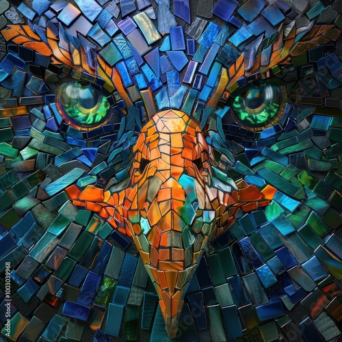 Obraz na płótnie A captivating 3D render of A vibrant, mosaic-style close-up of an eagle's face, showcasing intricate colors and textures, highlighting its sharp features and intense gaze. w salonie