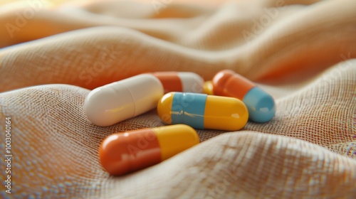 Colorful capsules sprinkled over a soft, wavy fabric background during a brig...