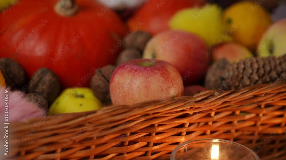 A vibrant display of autumn produce, featuring pumpkins, apples, and nuts, perfect for seasonal decor.