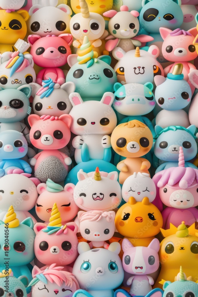 A vibrant collection of cute, colorful squishy toys featuring various animal designs and whimsical elements like unicorn horns.
