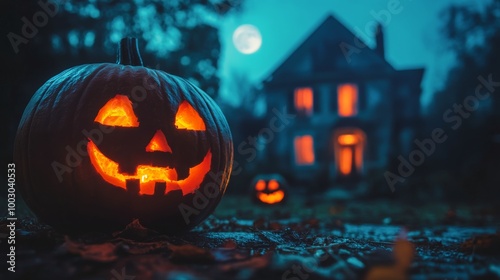 A glowing jack-o'-lantern illuminates a spooky house on a Halloween night und...
