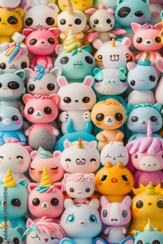 Obraz na płótnie A vibrant collection of cute, colorful squishy toys featuring various animal designs and whimsical elements like unicorn horns. w salonie