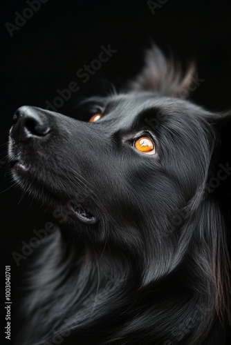 A close-up of a black dog gazing upwards with striking golden eyes against a ...