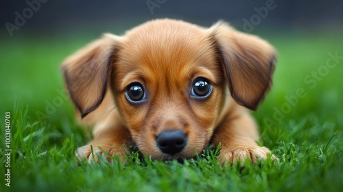 A playful puppy resting on green grass during a sunny afternoon in a park