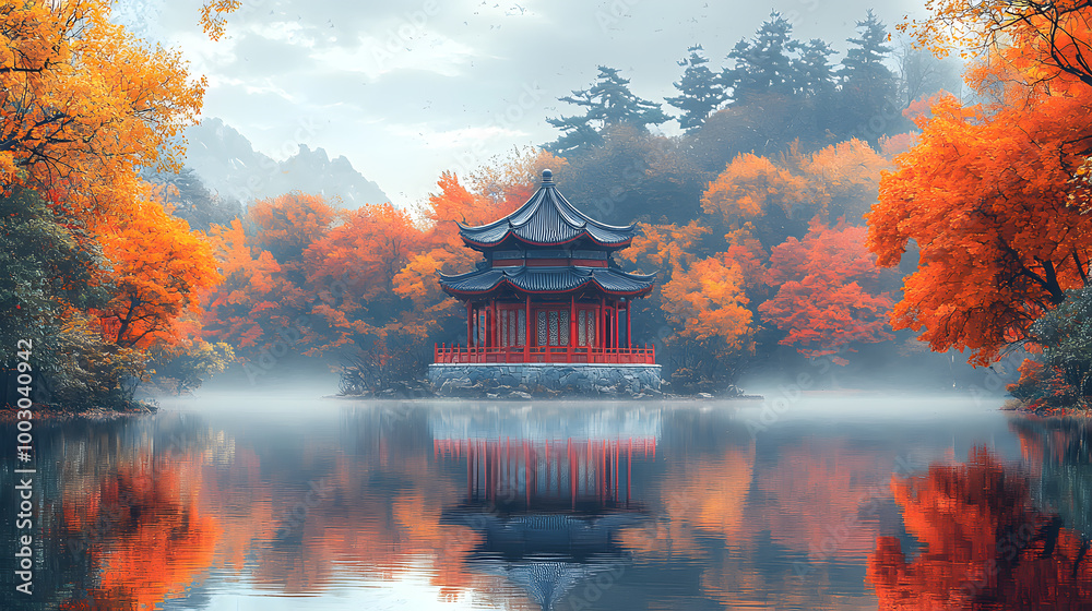 Obraz premium Stunning tranquil scene of a traditional pagoda surrounded by vibrant autumn foliage and calm water reflections.