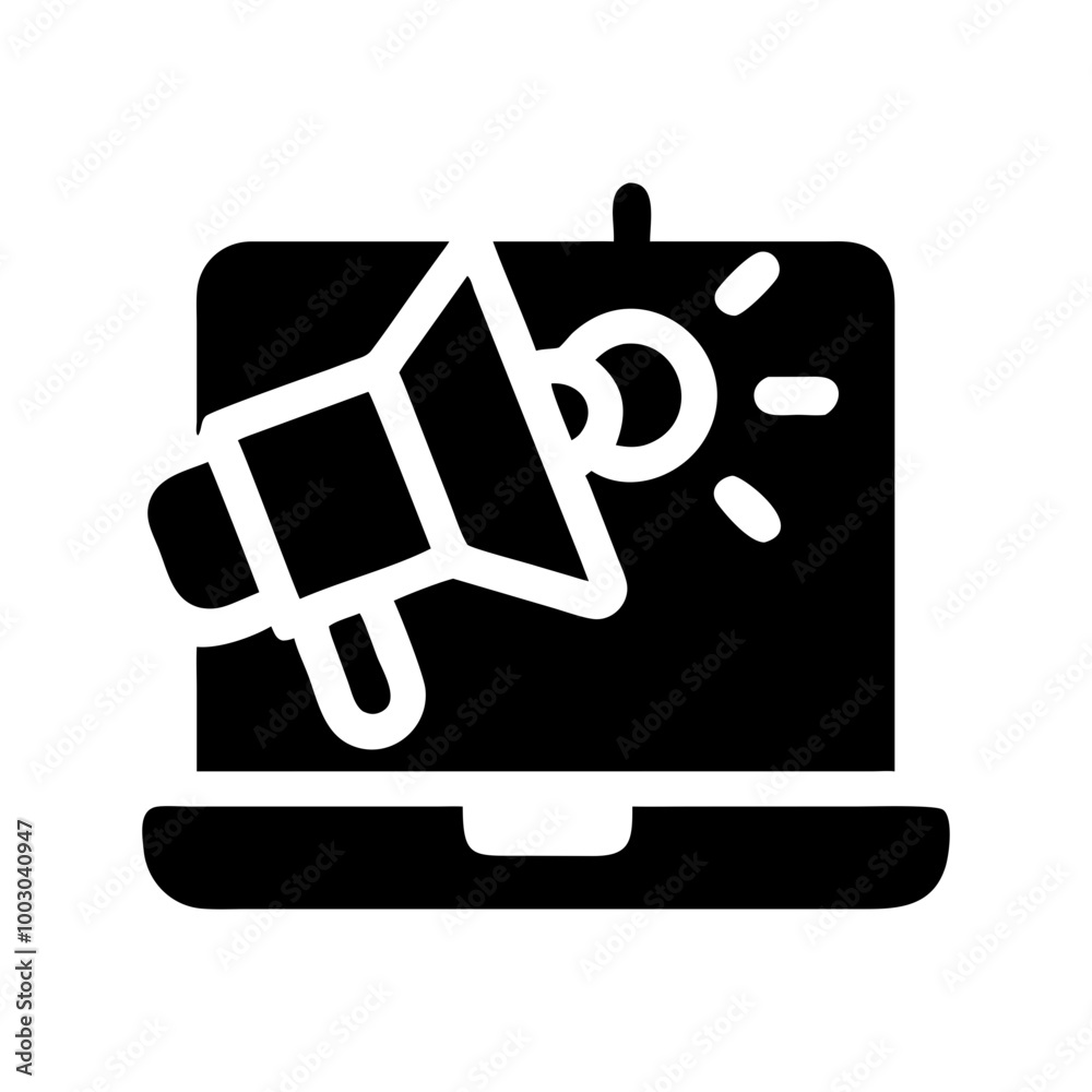 Digital marketing icon with megaphone on laptop screen in black silhouette Digital marketing icon with megaphone on laptop screen in black silhouette