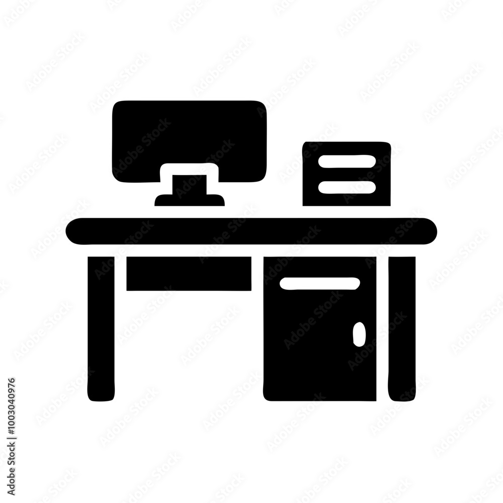 Office desk icon with computer monitor and documents in black silhouette Office desk icon with computer monitor and documents in black silhouette