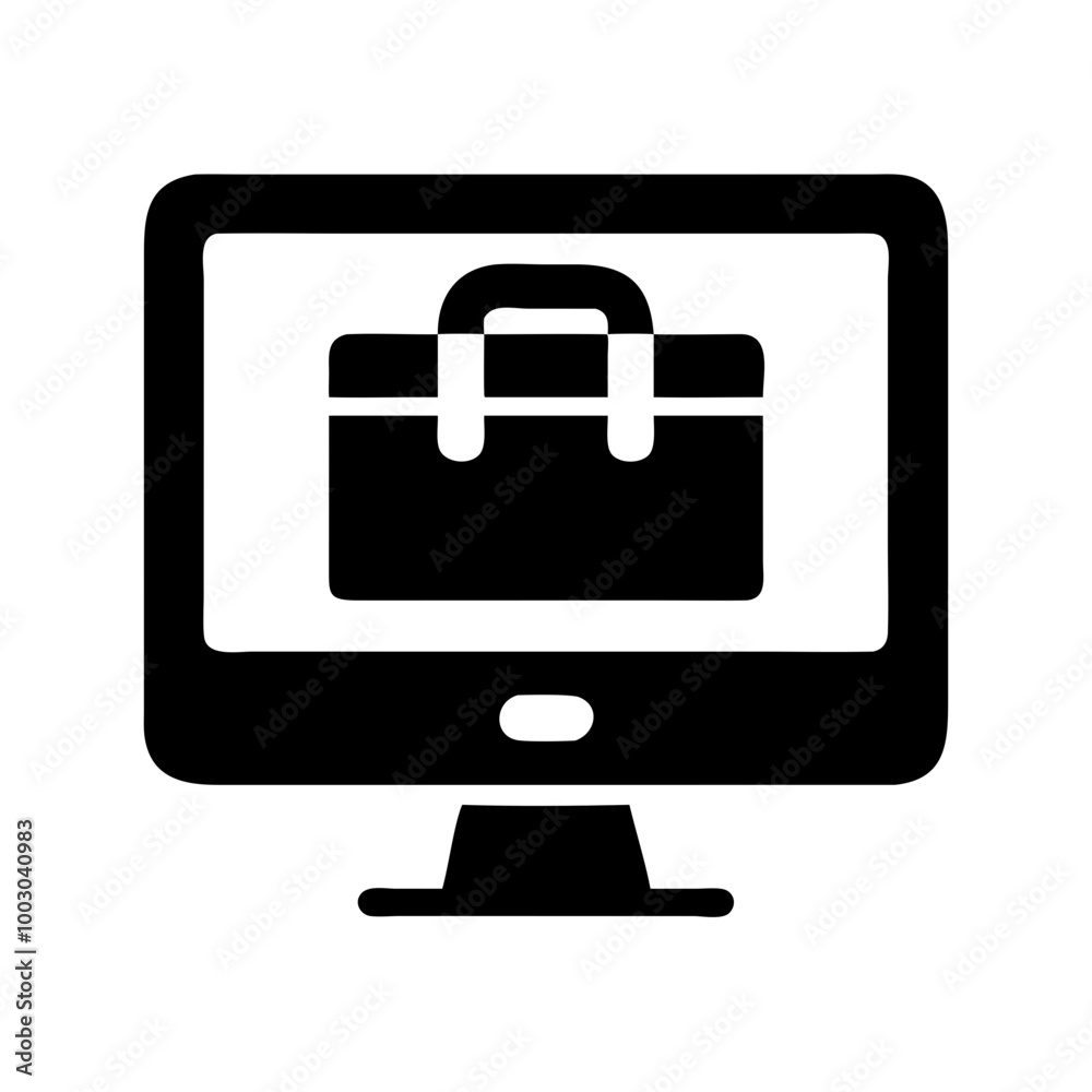 Online business icon with briefcase on computer screen in black silhouette Online business icon with briefcase on computer screen in black silhouette