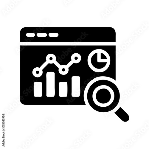 Analytics dashboard icon with graphs and magnifying glass in black silhouette