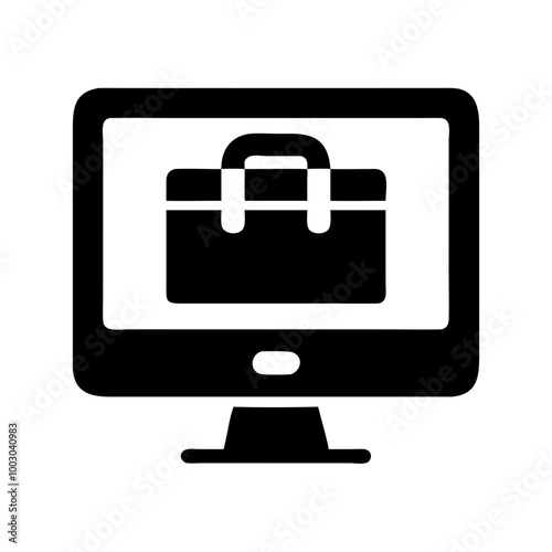 Online business icon with briefcase on computer screen in black silhouette