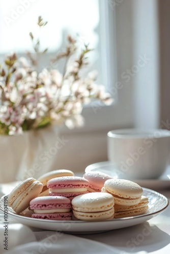 Delicate macarons on a white plate beside a warm cup and fresh flowers in sun...